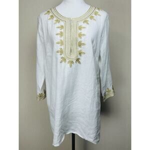 Chelsea & Theodore Size Large Tunic 100% Linen White & Gold Embroidered Casual